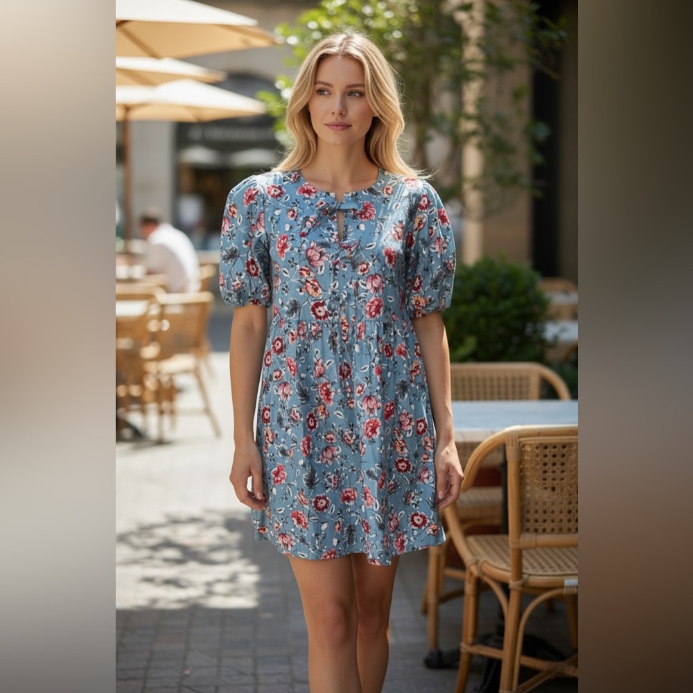NWT Floral Babydoll  Light Blue Short Puff Sleeve Boho Flowy Dress
